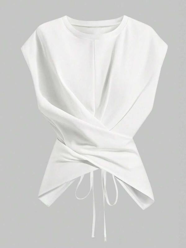 Solid Color Short Sleeve Tie Up T Shirts WAF 77888