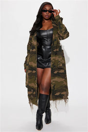 Camouflage Print Holes Long Trench Coat SH 391323