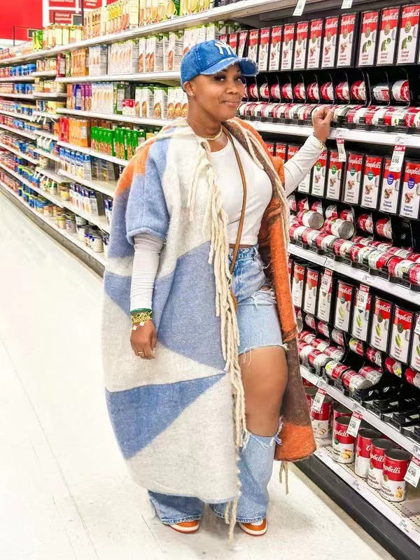 Plus Size Short Sleeve Tassel Knit Long Coat TK 6307