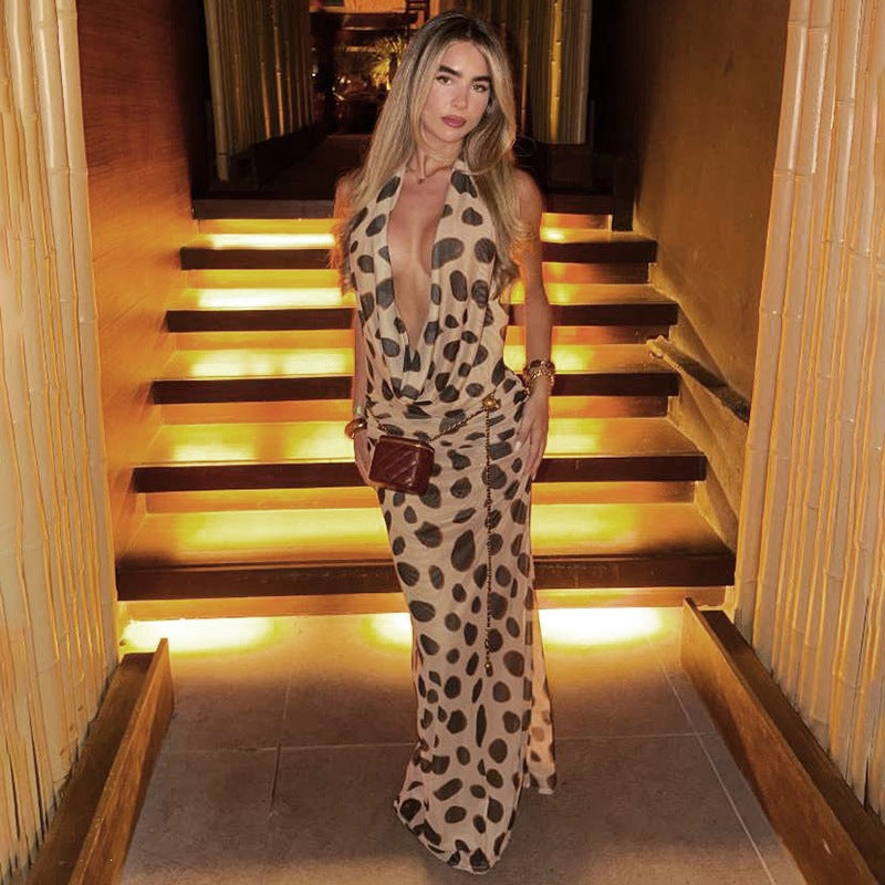 Deep V Neck Polka Dot Printed Maxi Dress GYME K6D16552A