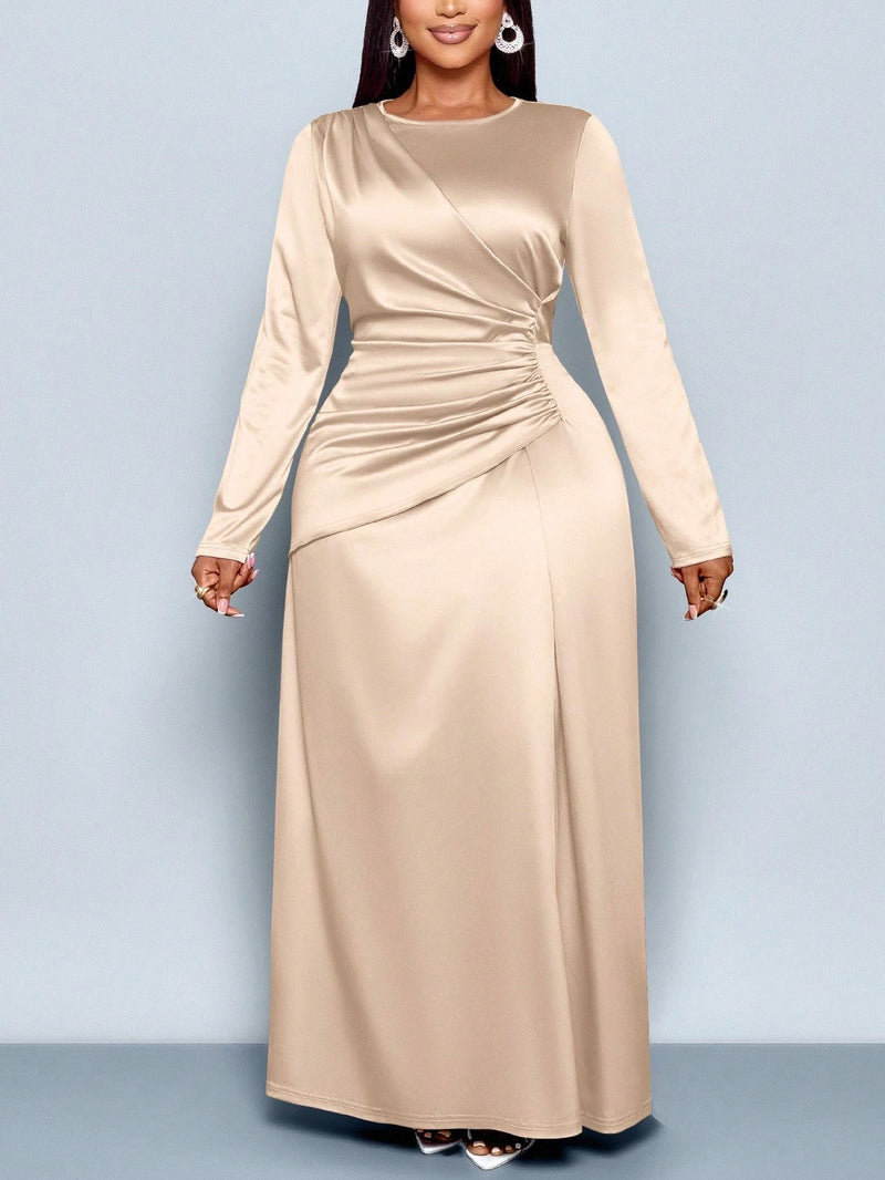 Plus Size Long Sleeve Satin Maxi Dress GAWE 6791