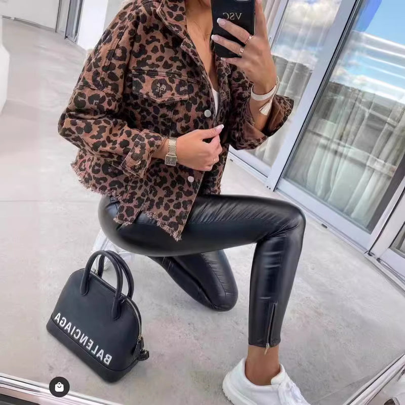 Leopard Print Long Sleeve Denim Coats GSMF ZZP89263