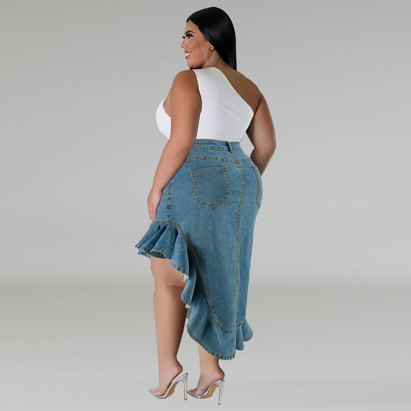 Plus Size Irregular Denim Half Skirt GDAM 218607