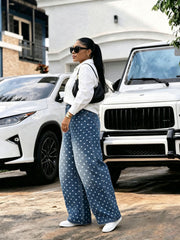 Plus Size Polka Dot Print Embroidered Jeans GYLN 0086