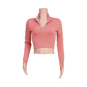 Solid Long Sleeve Zipper Crop Top JZHF 8007