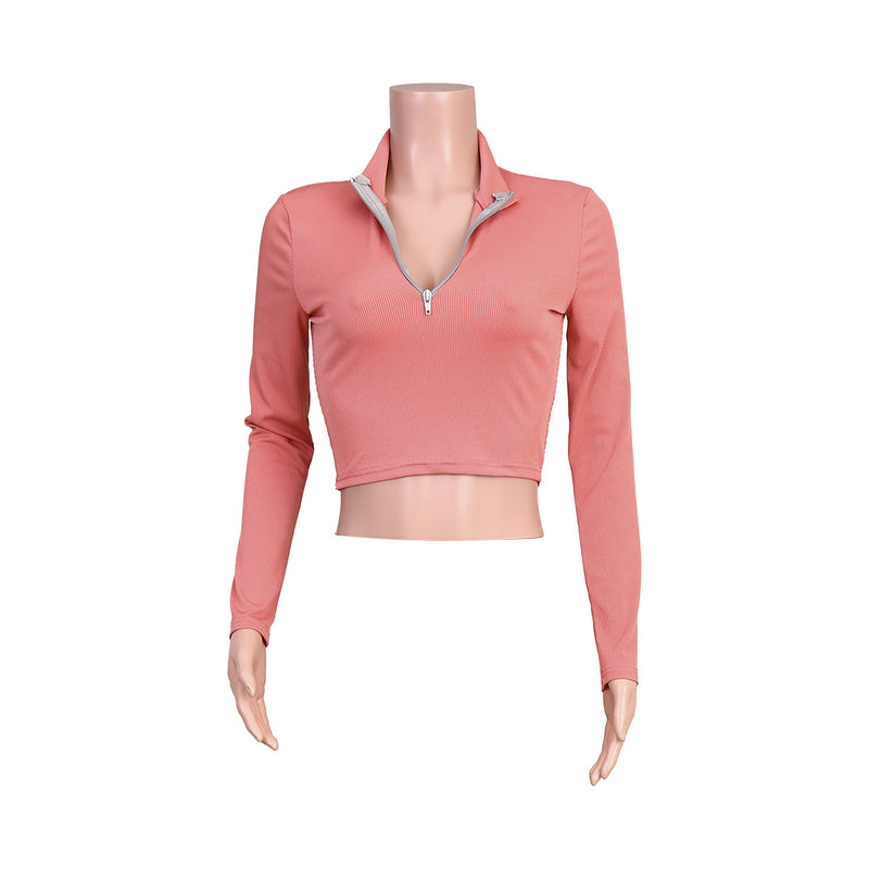 Solid Long Sleeve Zipper Crop Top JZHF 8007