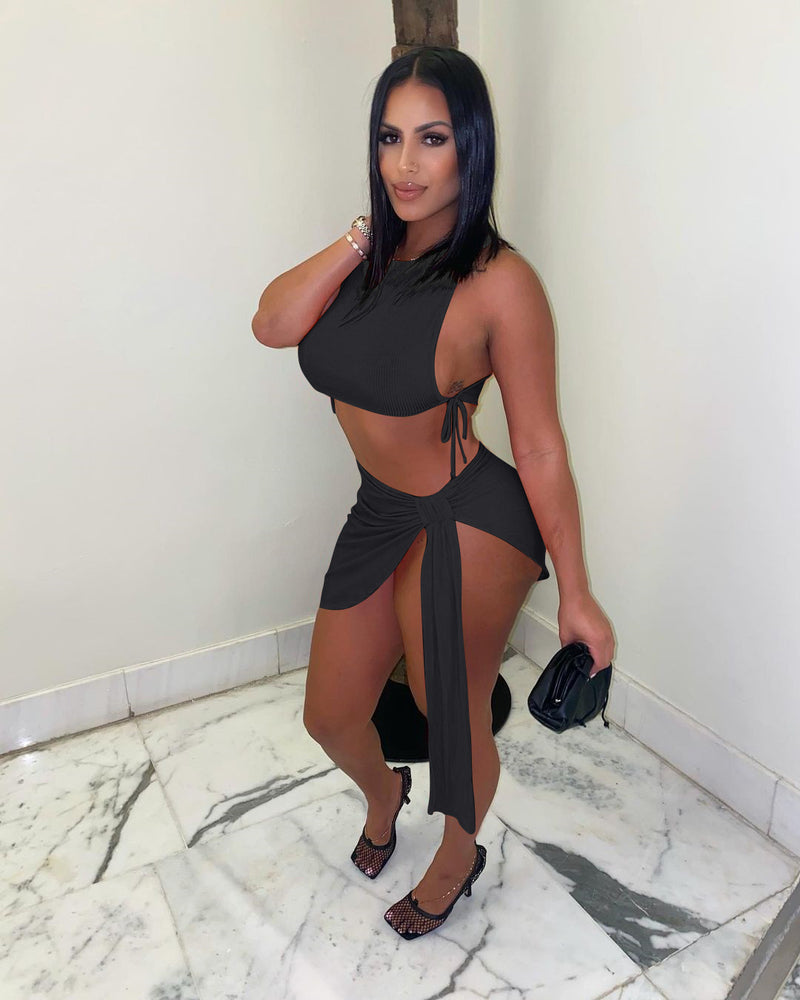 Solid Lace Up Sleeveless Mini Skirt 2 Piece Sets NIK 251