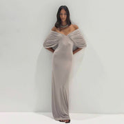 Off Shoulder Ruched Solid Color Maxi Dress GYME K6D06869A