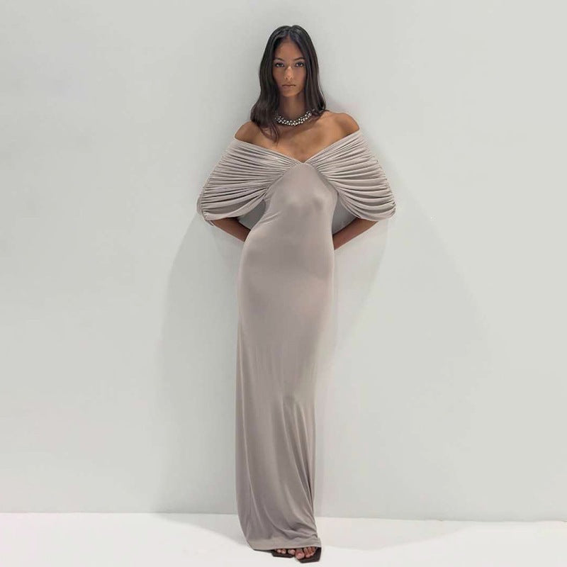 Off Shoulder Ruched Solid Color Maxi Dress GYME K6D06869A