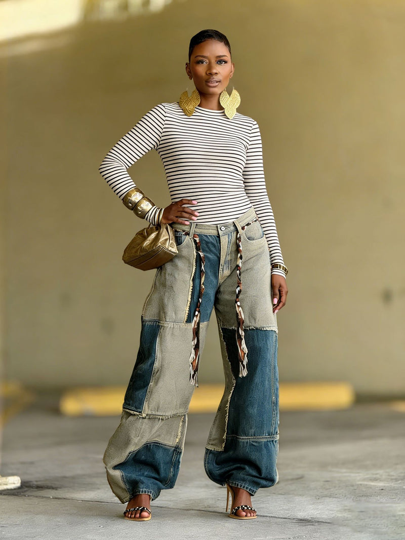 Two tone Patchwork Contrast Frayed Edge Jeans GYLN 5943