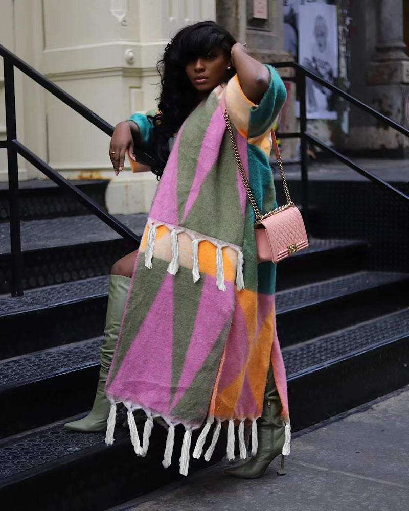 Casual Color Blocking Tassel Knit Coat TR 1291