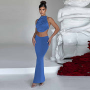 Sexy Tie Up Pleated Crop Tops Two Piece Skirts Set GNZD 9607SD