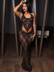 Halterneck Tie Up Lace Backless Long Skirt Two Piece Set GXHF X80318