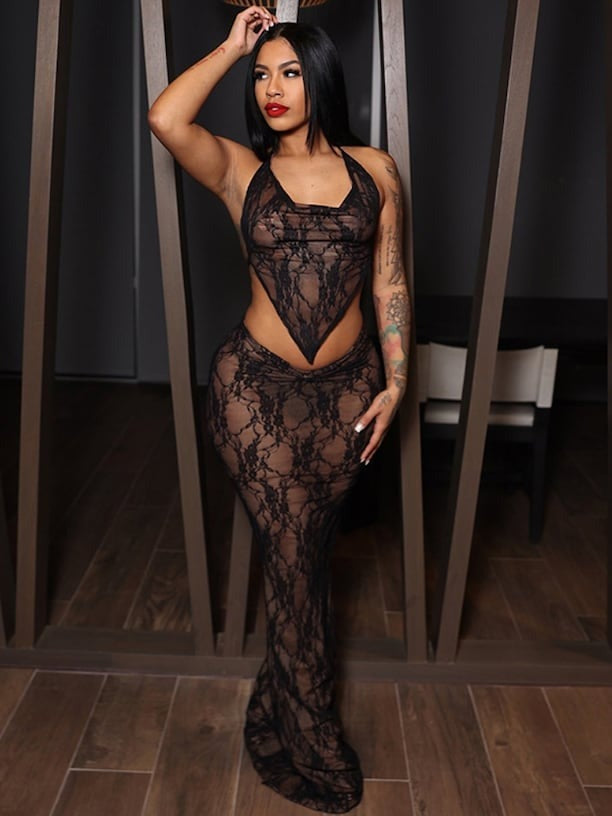 Halterneck Tie Up Lace Backless Long Skirt Two Piece Set GXHF X80318