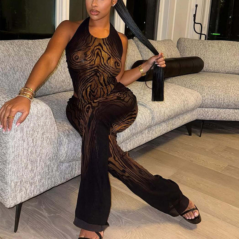 See Through Mesh Tie Up Two Piece Pants Set GNZD 11828