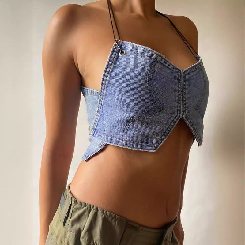 Wrap Chest Halterneck Denim Tank Top GLYK LX008