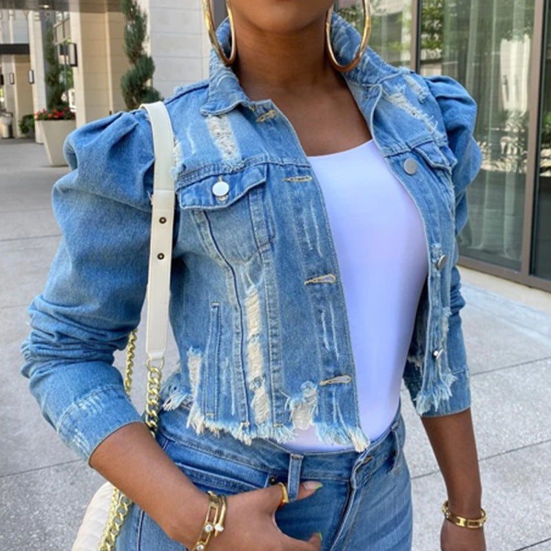 Ripped Bubble Sleeve Denim Jacket GQDH 911