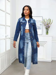 Long Ripped Denim Trench Coat Jacket GQDH 9932