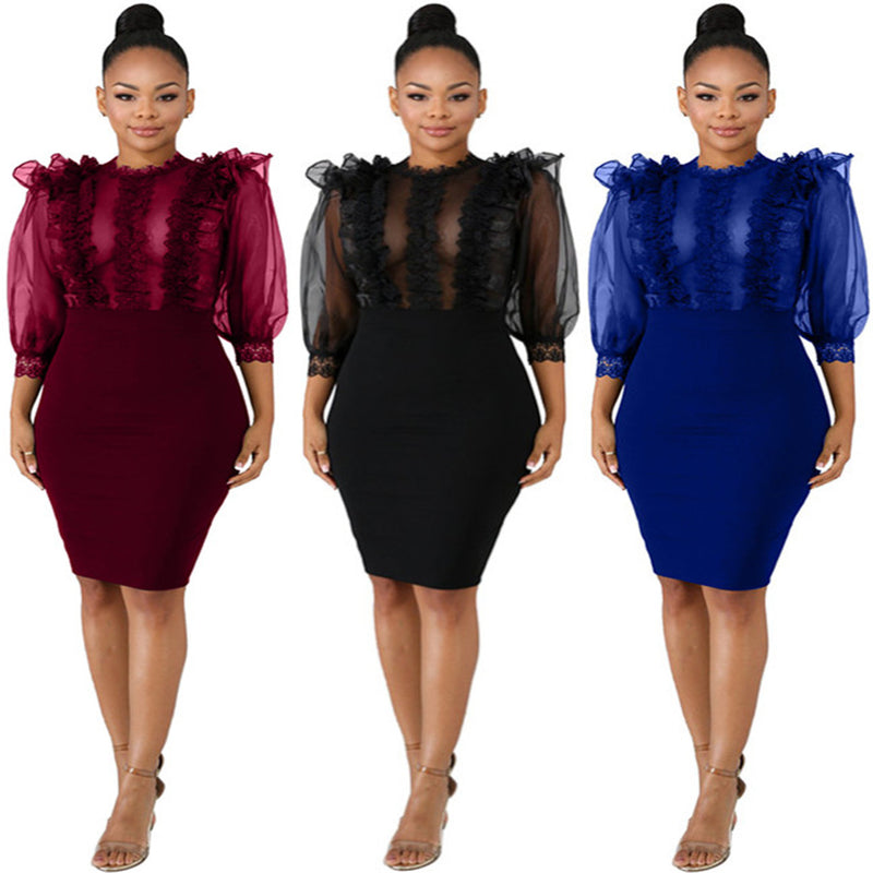 Sexy Mesh See Through Ruffles Bodycon Dresses LA 3099