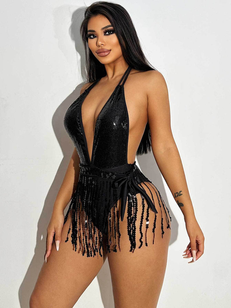 Deep V Neck Tassel Halter One Piece Swimsuit DYSC DY23A1025YYB103013