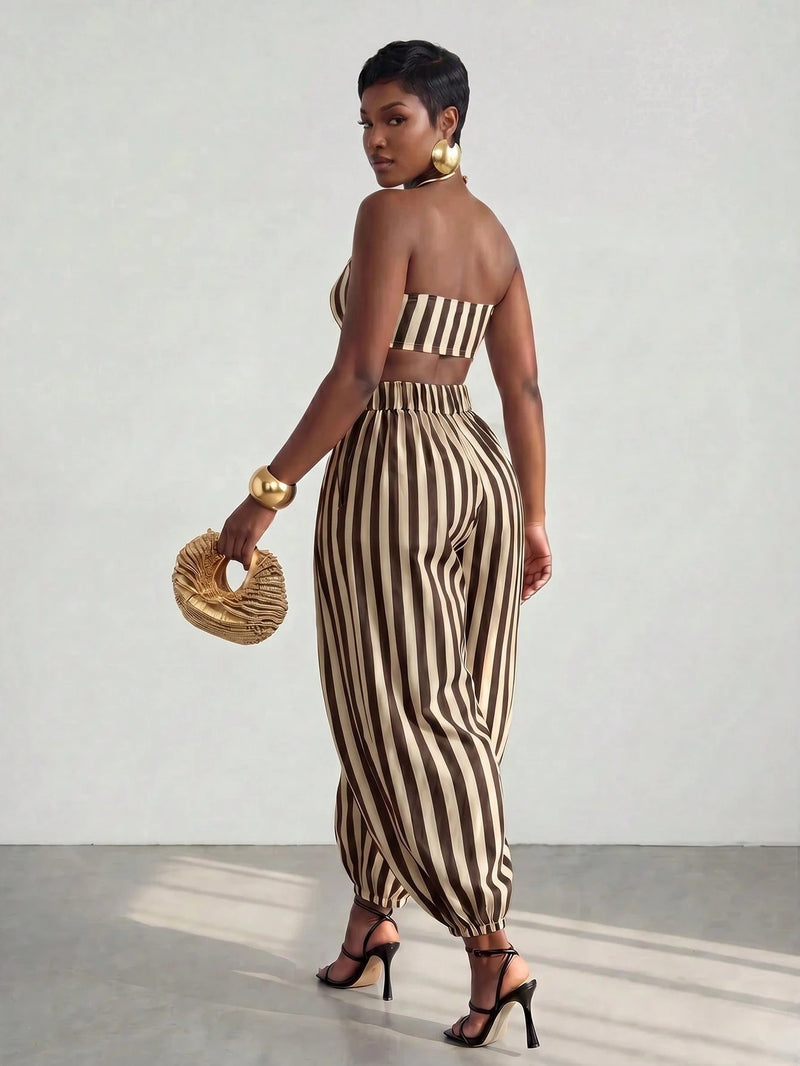 Stripe Warp Chest Top Lantern Pants 2 Piece Set GQLK 6695