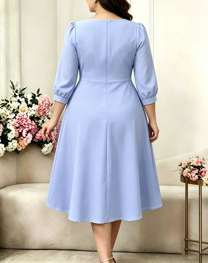 Plus Size Solid Color 3 4 Sleeve Midi Dress GAWE 6775