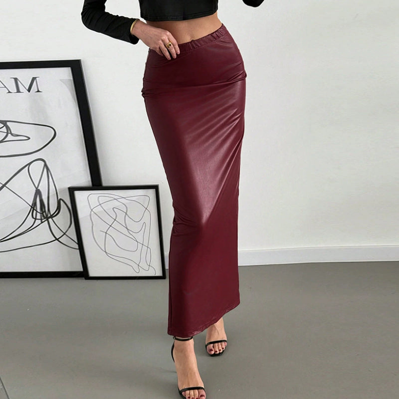 Retro Faux Leather Long Skirt GNZD 060165DBZ