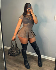 Sexy Solid Zipper PU Leather Pleated Skirt NYF 8167
