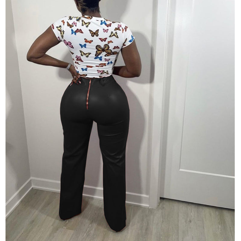 Solid Color Loose Wide Leg Leather Pants BN 313