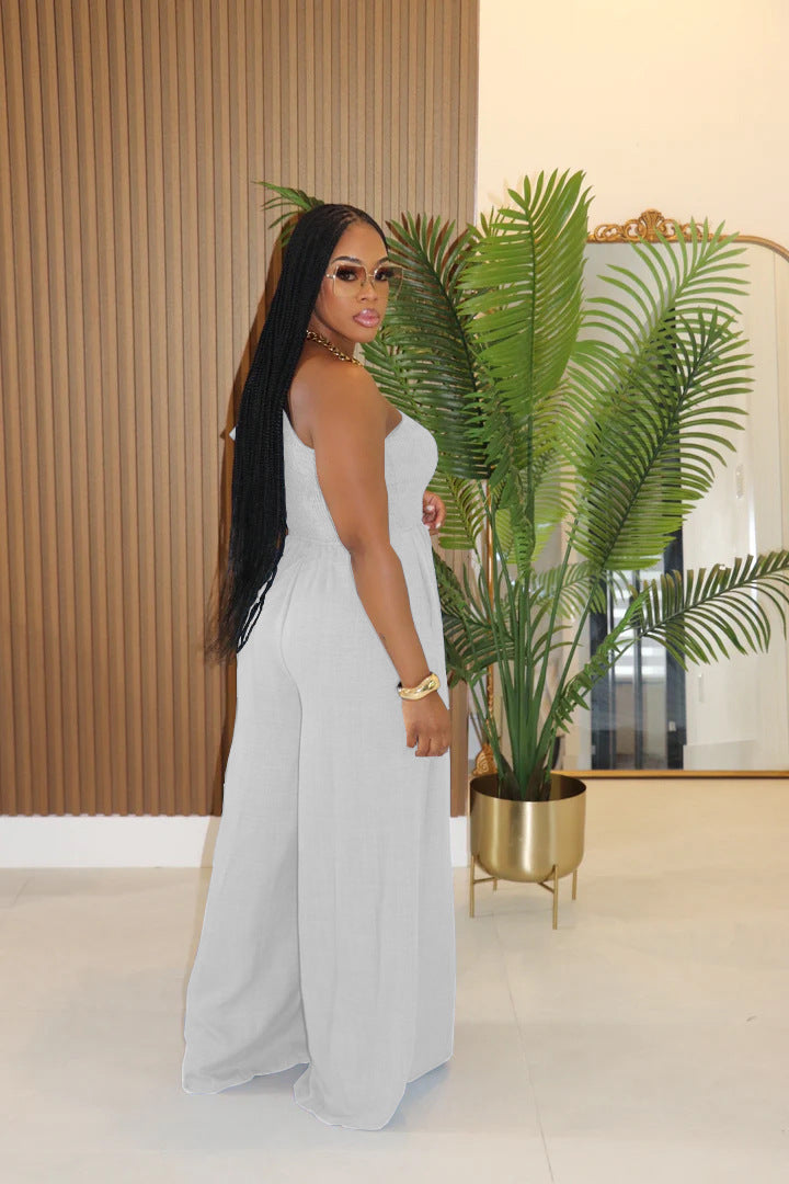 Solid Color Slash Shoulder Loose Jumpsuit XHXF 483