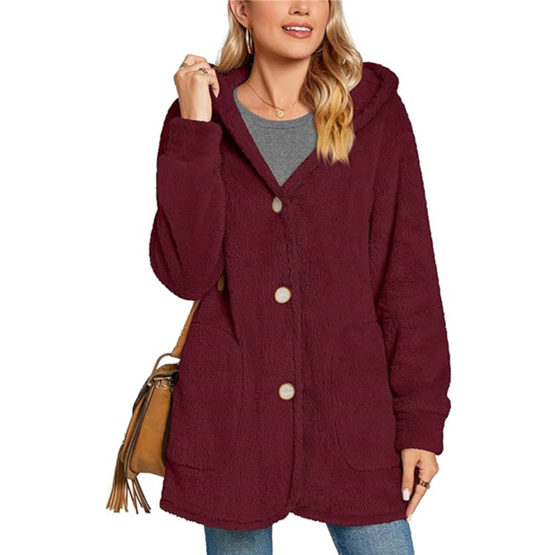 Plush Hooded Button Pocket Casual Coats GYOU CX826