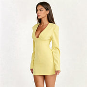 Solid Color Long Sleeve V Neck Mini Dress GSBW C26DS308