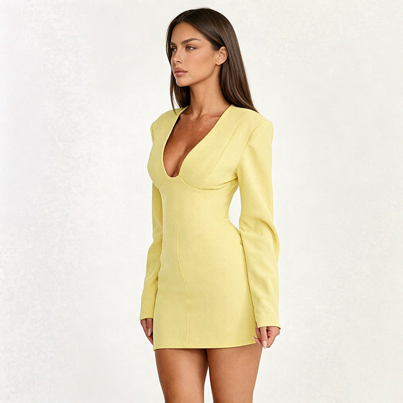 Solid Color Long Sleeve V Neck Mini Dress GSBW C26DS308