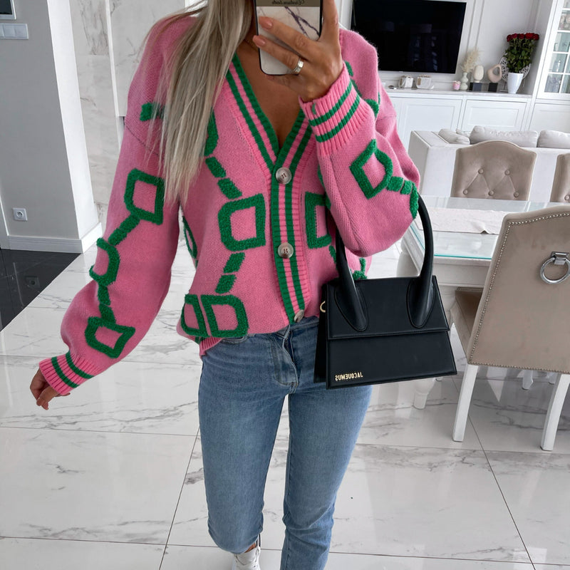 Long Sleeve V Neck Knits Print Coat YMZY 509