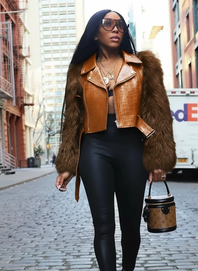 Patchwork Fur Faux Leather Short Jacket ZSD 0772