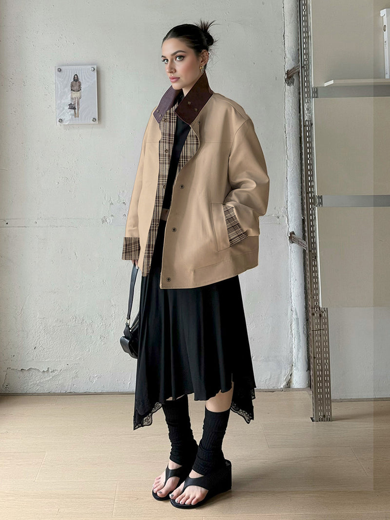 Stand Collar Contrast Color Plaid Print Coat GYXN 204534