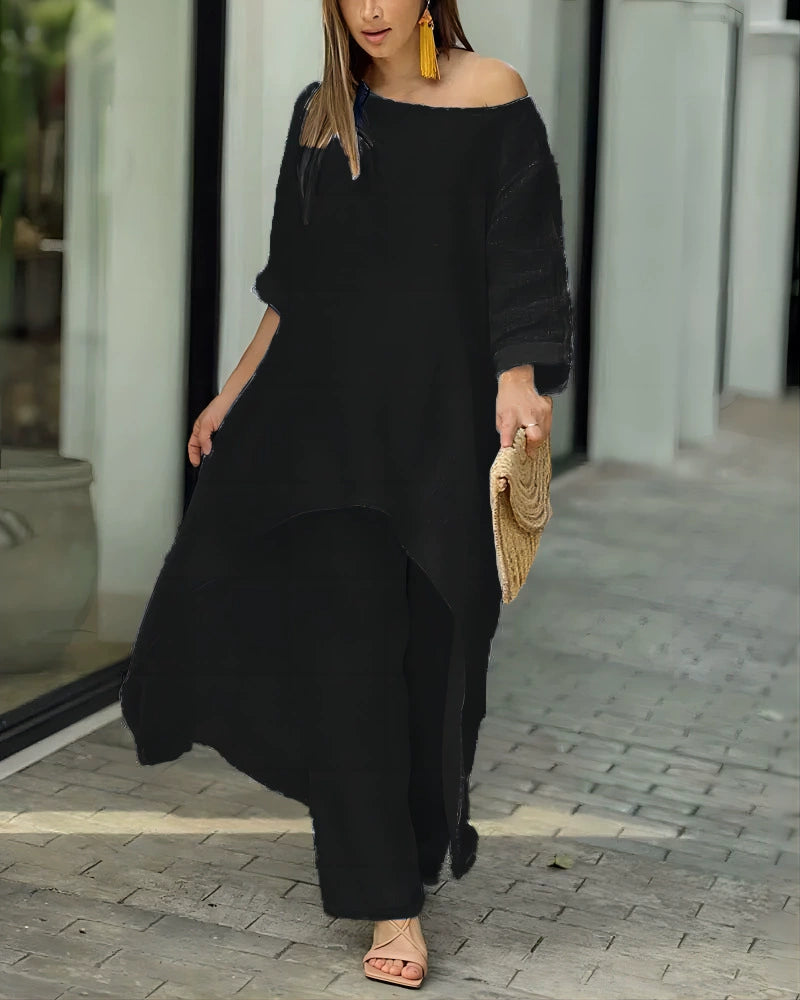 Plus Size Solid Color Long Sleeve Irregular Two Piece Pants Set GYJY W0839