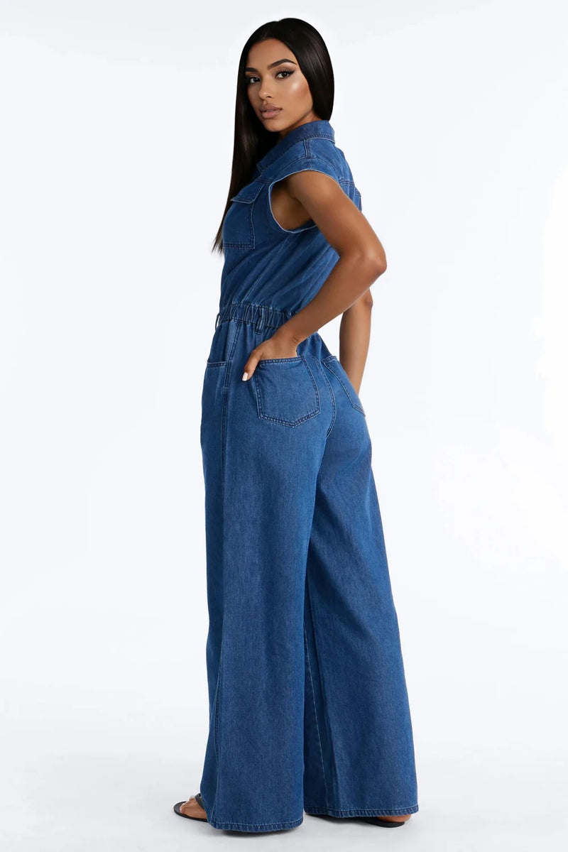 Short Sleeve Single Breasted Button Denim Jumpsuit LX 3590