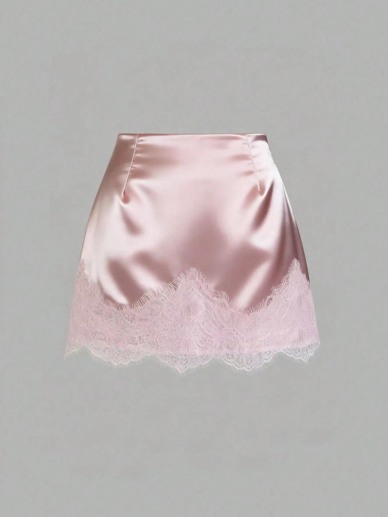 Satin Lace Edge Patchwork Mini Skirt GSRX 876