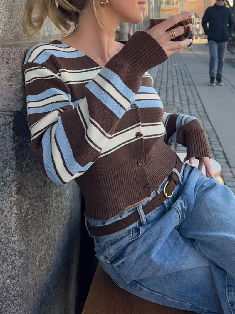 V Neck Contrast Color Knits Coats GQNF Y00280CM