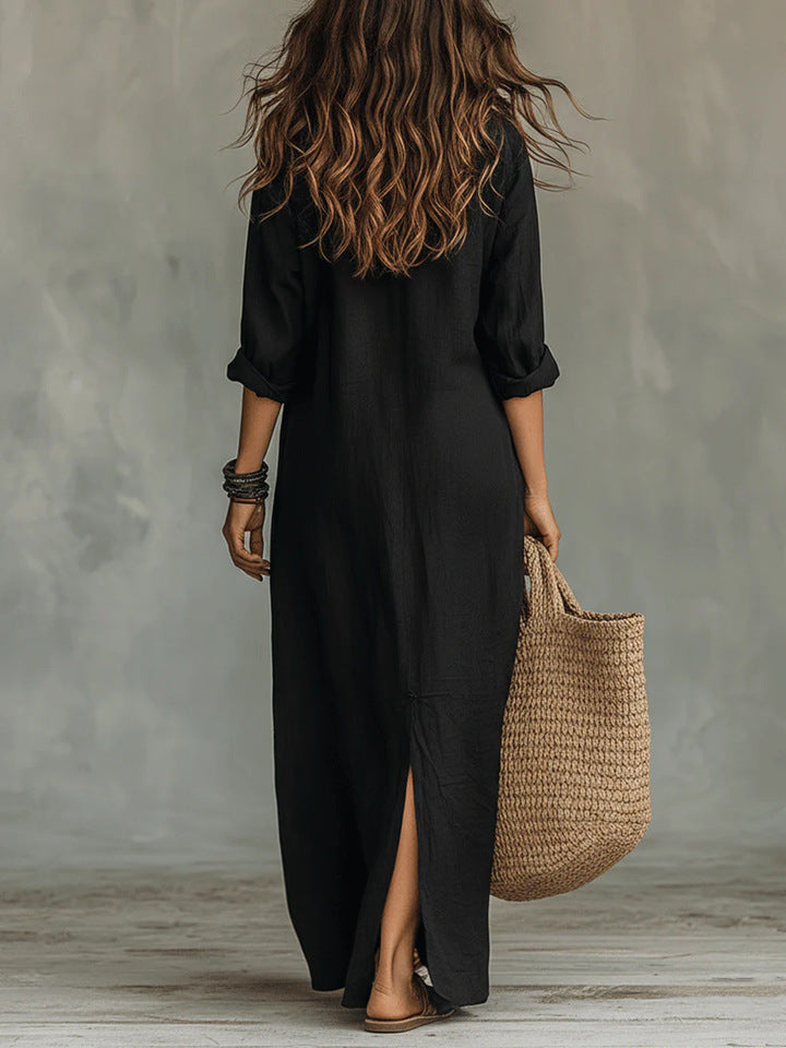 Short Sleeve Lapel Split Maxi Dress GWDS 260718