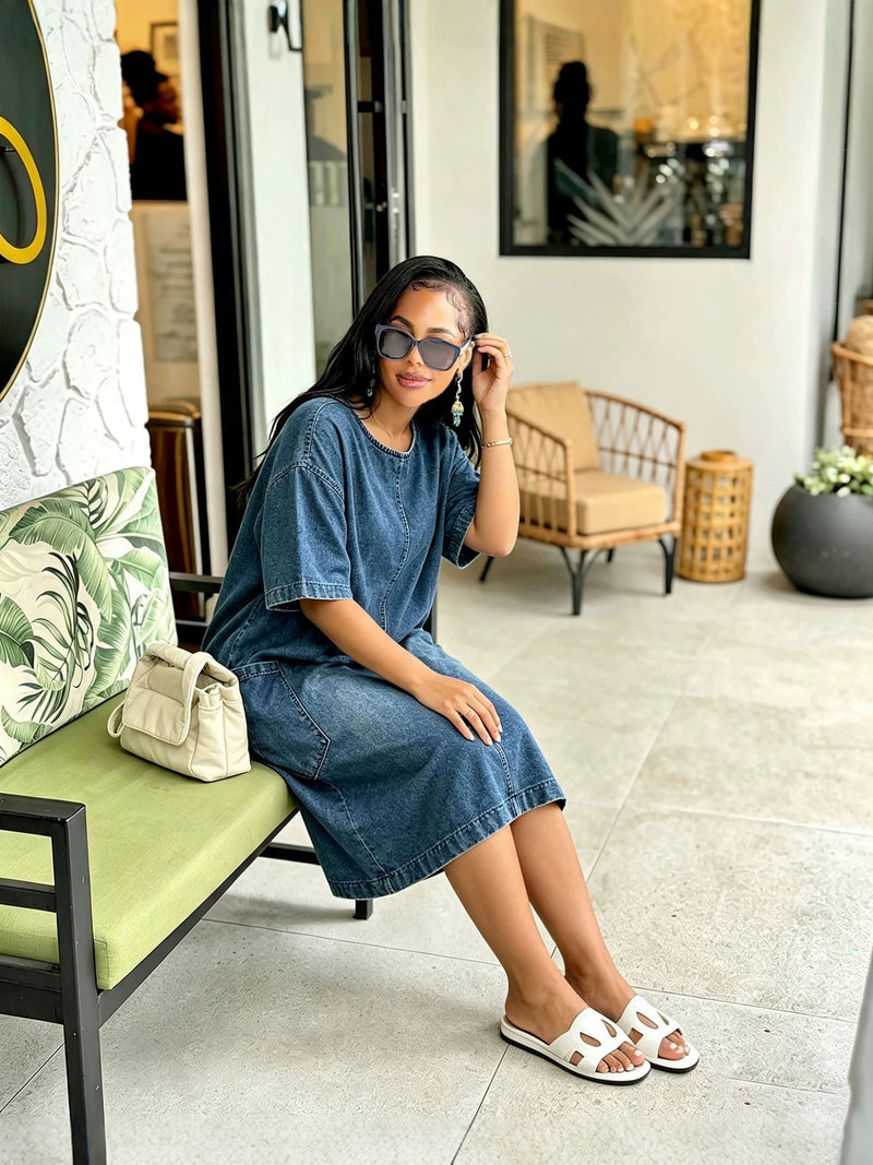 Plus Size Half Sleeve Loose Denim Midi Dress GYLN 6480