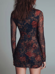 Print Mesh Long Sleeve Ruched Mini Dress GWDS 260631