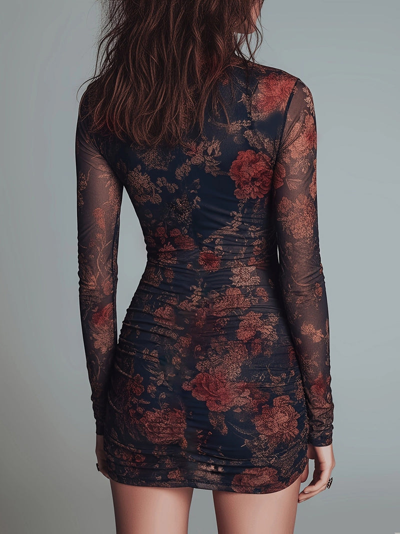 Print Mesh Long Sleeve Ruched Mini Dress GWDS 260631