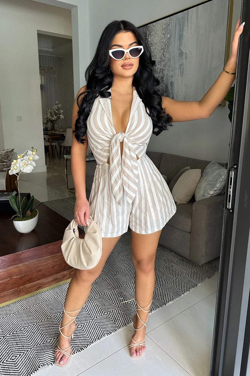 Halterneck Tie Up Stripe Romper GFDY 1325