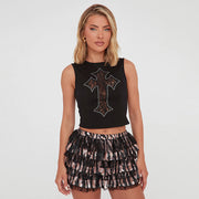 Cross Embroidered Rhinestone Pattern Tank Tops GSBD Q25TP165