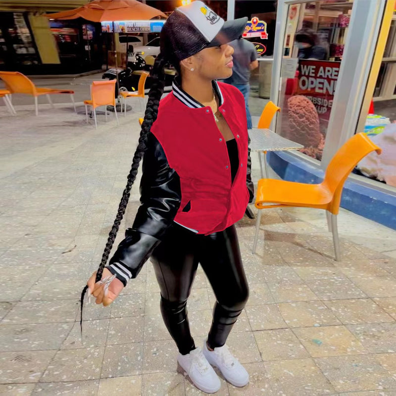 Fashion Color Block Leather Sleeve Baseball Jacket WMEF 20036