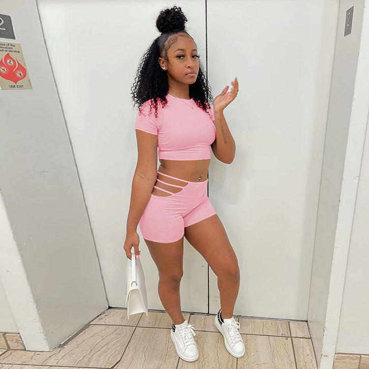 Sexy Solid Short Sleeve Hollow Shorts 2 Piece Sets GLF 7028