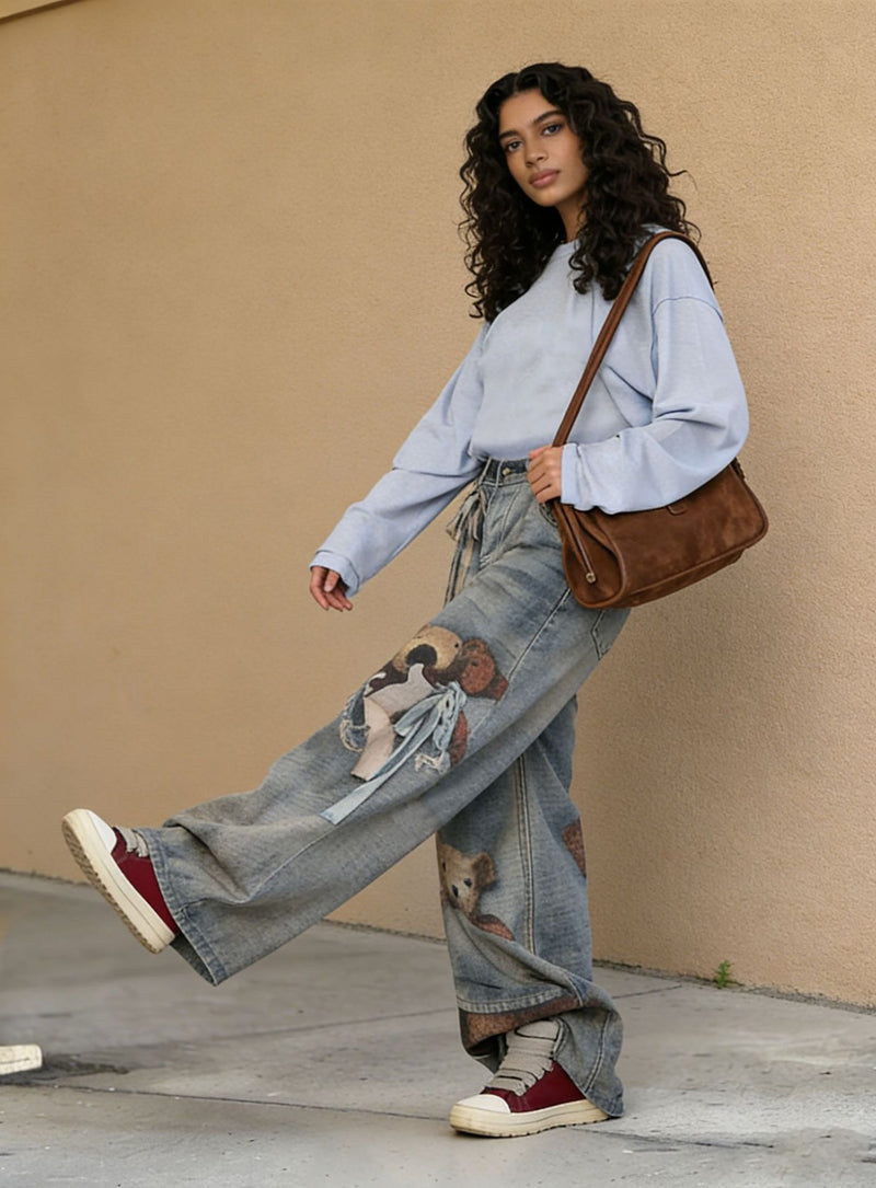 Plus Size Bear 3D Printed Loose Jeans GYLN 6035