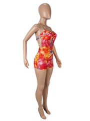 Floral Print Halterneck Hollow Out Romper SHD 9543